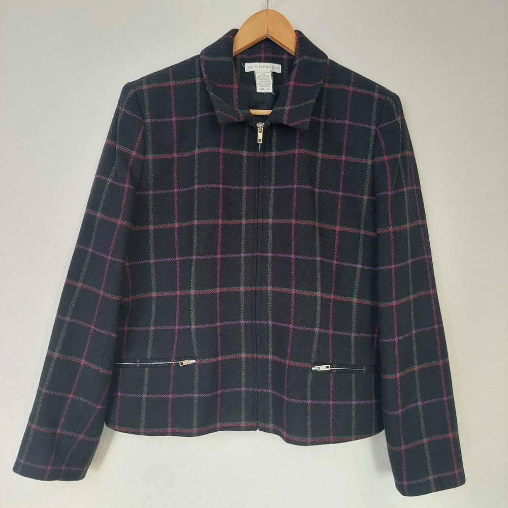 J. London Womens 100% Wool Plaid Full Zip Jacket Black Pink Green Size 12